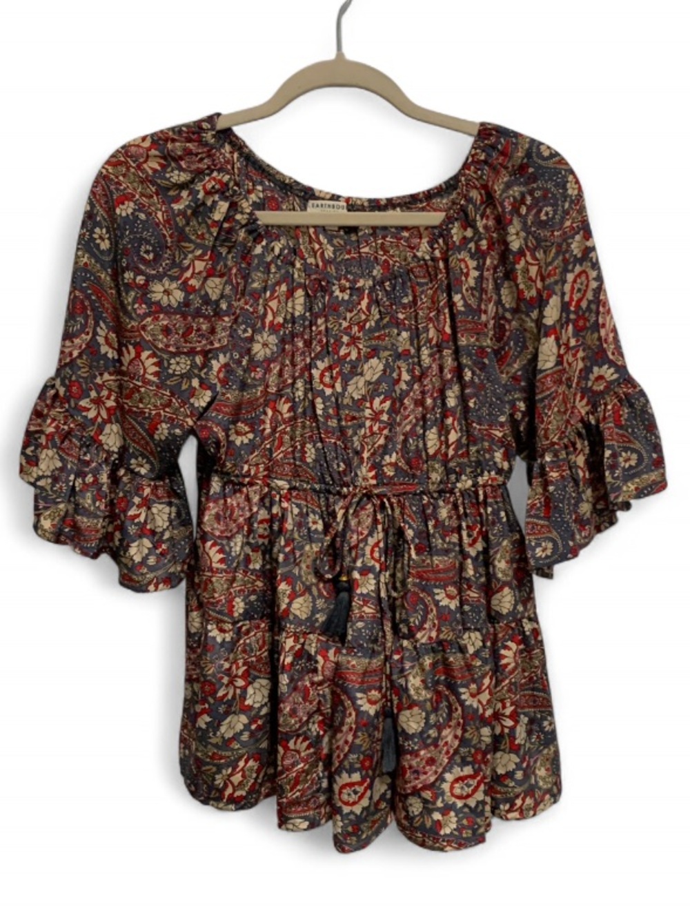 Earthbound Gray Boho Floral Peasant Top - Red Multicolor